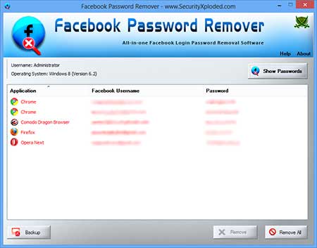 FacebookPasswordRemover showing recovered passwords