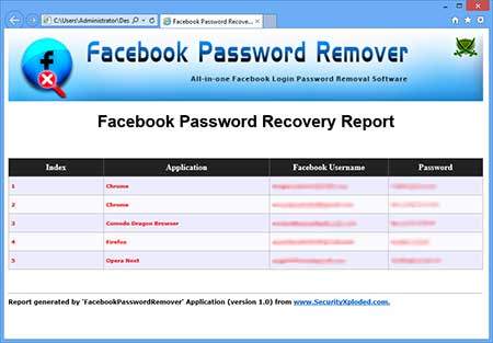FacebookPasswordRemover showing recovered passwords