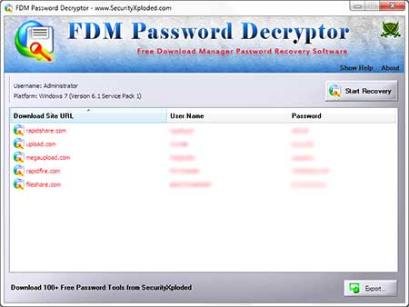 FDMPasswordDecryptor showing recovered passwords