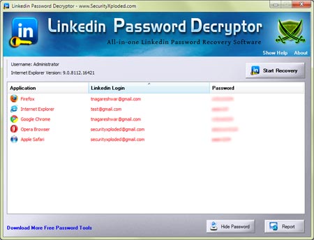 LinkedinPasswordDecryptor showing recovered passwords