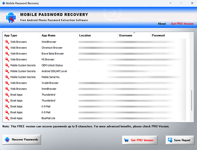 Mobile Password Recovery showing recovered passwords