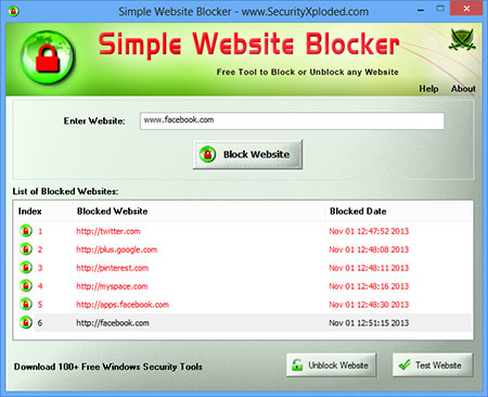 SimpleWebsiteBlocker showing recovered passwords